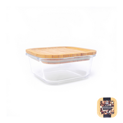 HQ Glass Container / Containers with Natural Brown Wooden Bamboo Lid 18 oz Square Baking Dish 520 ML