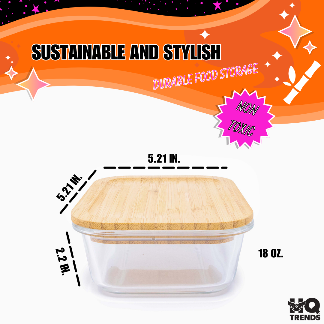 HQ Glass Container / Containers with Natural Brown Wooden Bamboo Lid 18 oz Square Baking Dish 520 ML