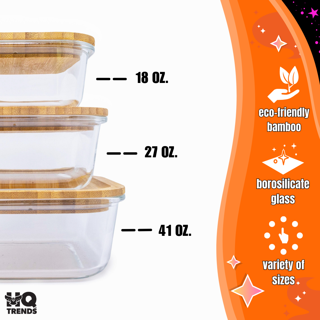 HQ Glass Container / Containers with Natural Brown Wooden Bamboo Lid 18 oz Square Baking Dish 520 ML