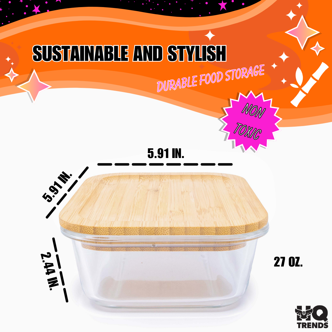 HQ Glass Container / Containers with Natural Brown Wooden Bamboo Lid 27 oz Square Baking Dish 800 ML