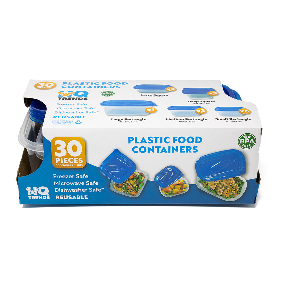 HQ Plastic Food Containers with Blue Lids Assorted Sizes