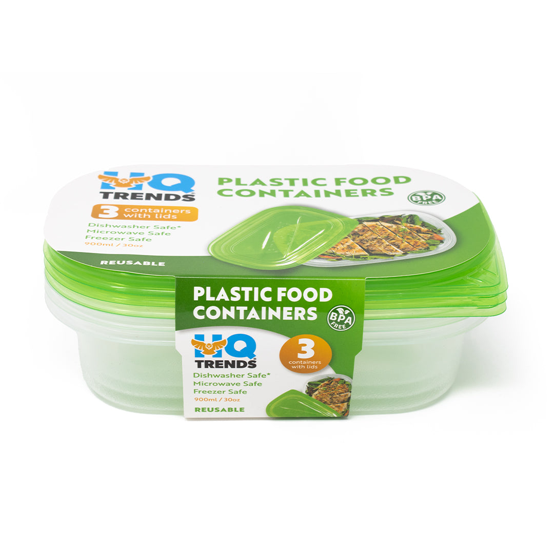 HQ Set of 3 Plastic Food Containers Rectangular Shape with Green Lids 900ml/30oz