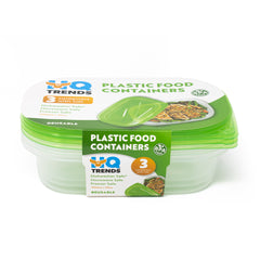 HQ Set of 3 Plastic Food Containers Rectangular Shape with Green Lids 900ml/30oz