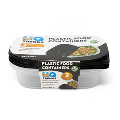 HQ 3-Pack 900ml & 30oz Rectangular Plastic Food Containers with Black Lids