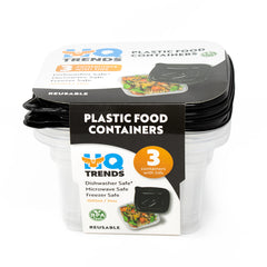 HQ 3-Pack Square Plastic Food Containers with Black Lids of 1000ml, 34oz